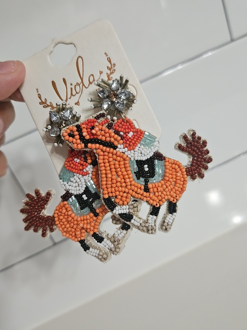 Beaded Orange Horse Statement Earrings